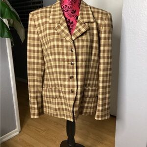 Vintage Liz Claiborne Brown & Tan Checkered Wool Blazer 14